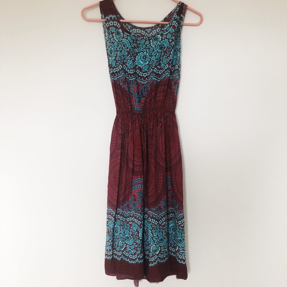 Sleeveless Boho Dress - Cinched Waist Knee Length